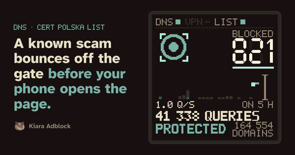 A Kiara graphic with a sample domain-blocking display.