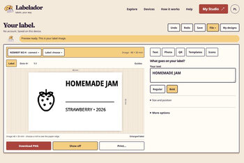A strawberry label reading “Homemade jam” in the Labelador editor.